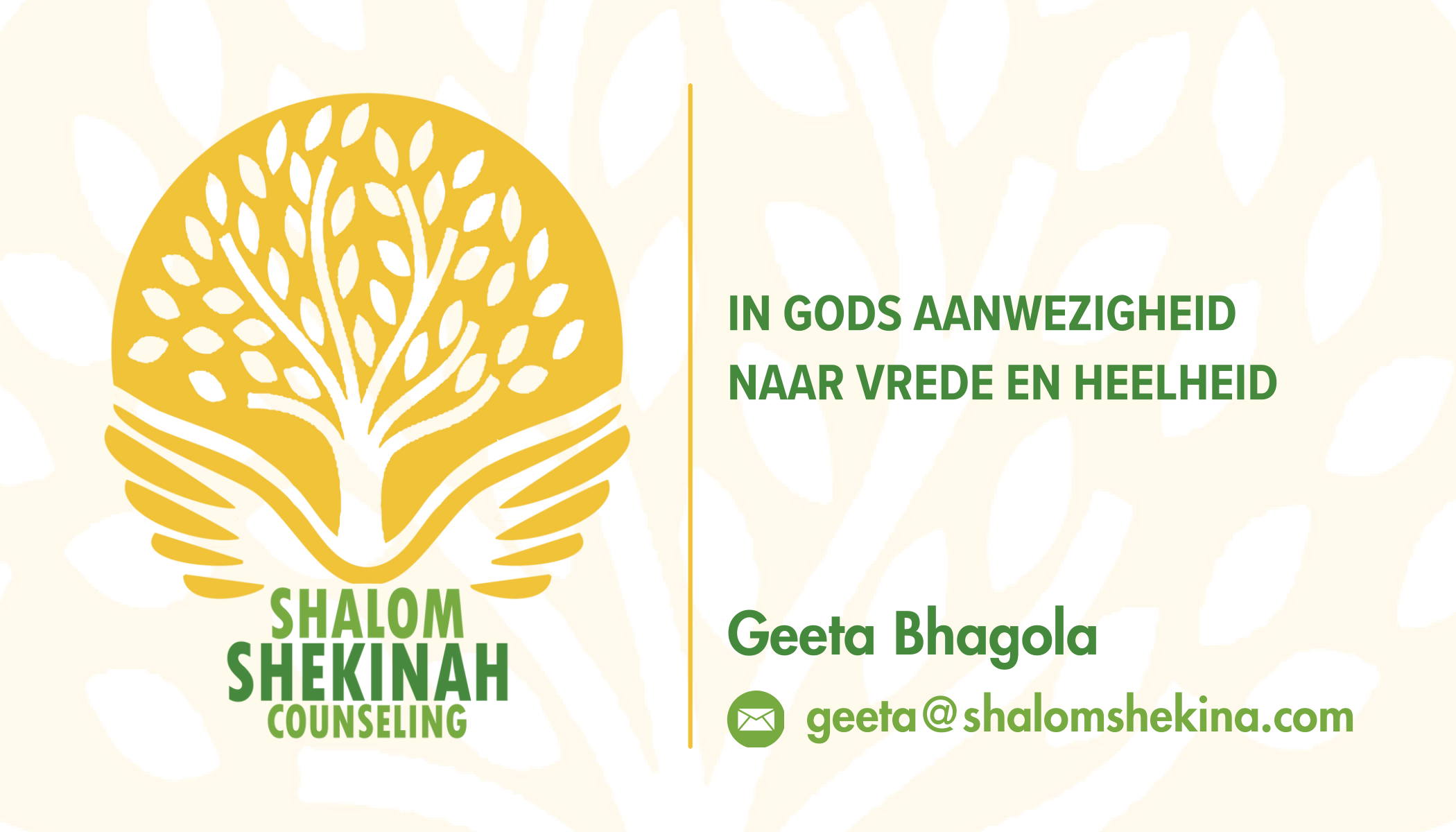Visitekaartje van Geeta Bhagola - Shalom Shekinah Counseling